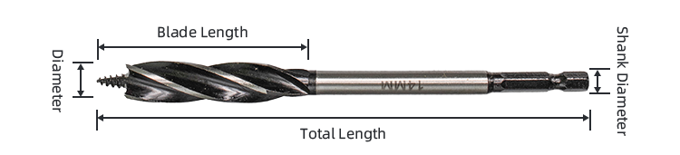 Dimensione della punta del trapano a coclea per legno con codolo esagonale a 4 scanalature