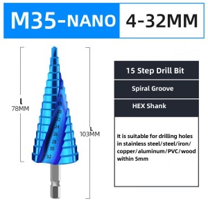 New product Nano-blue coating HSS M35 high speed steel step drill bit