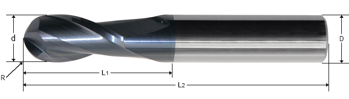 HRC55 Hartmetall-Schaftfräser mit 2 Schneiden und Kugelkopf, Größe